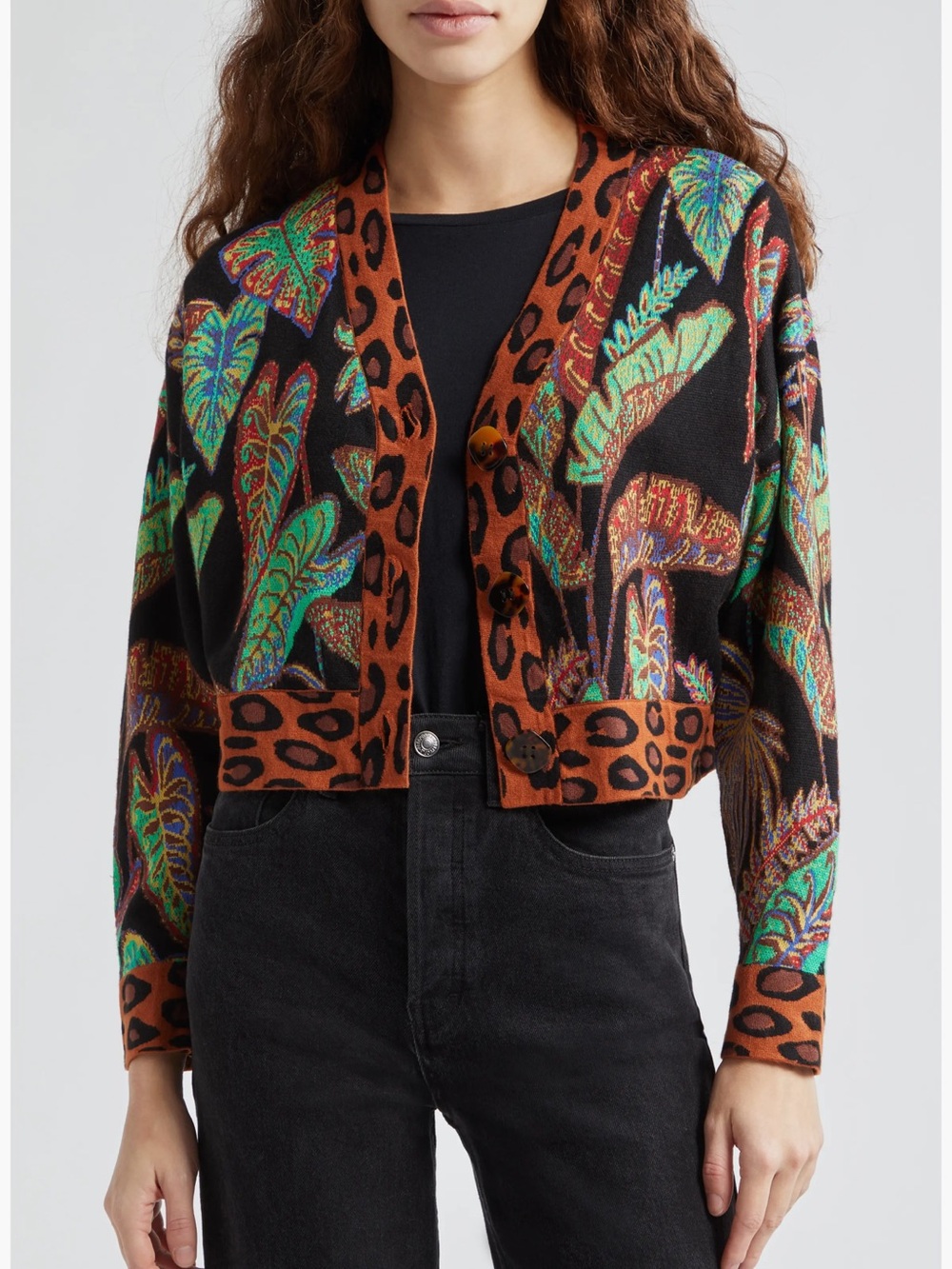 Cool Foliage Jacquard Crop Cardigan size M